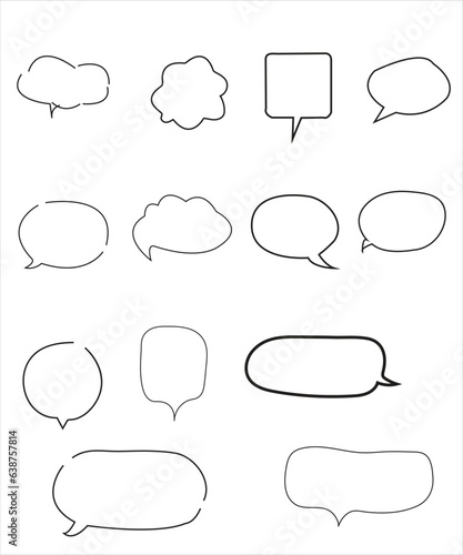 Vector Set of speech bubbles. Dialog box icon, message template. Doodle clouds for text, lettering. Different shape of empty balloons for talk on blue background. Flat vector illustration. 
