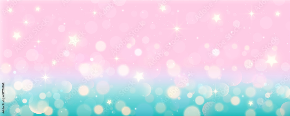 Pink unicorn pastel background with glitter star and bokeh. Turquoise kawaii magic sky. Abstract fairy gradient wallpaper. Vector illustration Pink unicorn pastel background with glitter star and bokeh. Turquoise kawaii magic sky. Abstract fairy gradient wallpaper. Vector illustration