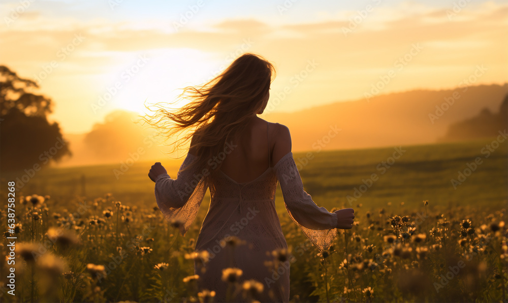 Beautiful young woman walking in a field with sunrise