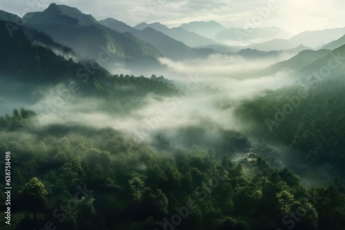 The mountains are covered in a layer of mist and clouds Generative AI