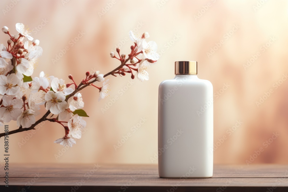 White Blank Bottle Mockup with natural theme background Generative AI. White Blank Bottle Mockup with natural theme background Generative AI.