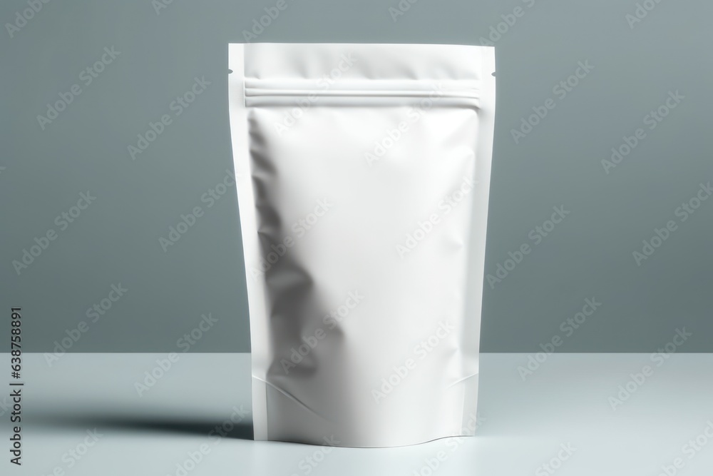 White Blank Coffee bag Pack Mockup Stand Up with pastel natural theme background Generative AI. White Blank Coffee bag Pack Mockup Stand Up with pastel natural theme background Generative AI.