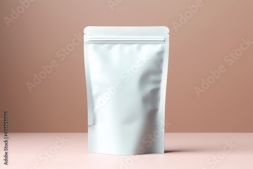 White Blank Coffee bag Pack Mockup Stand Up with pastel natural theme background Generative AI.