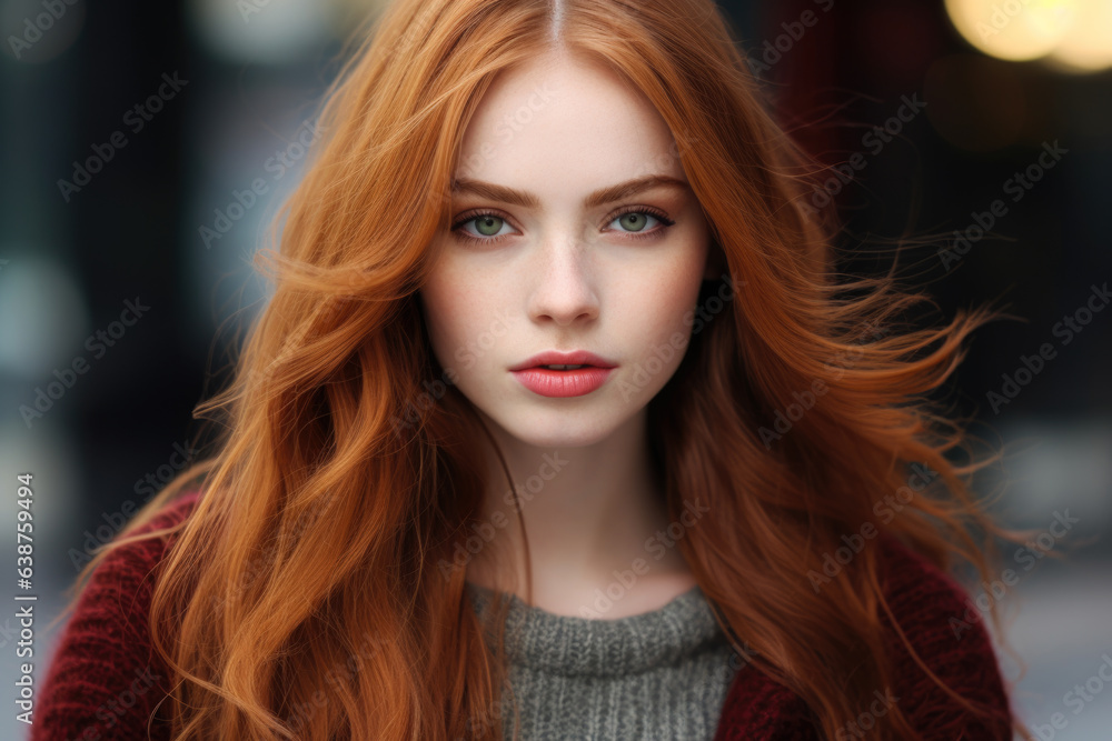 A girl posing in the street with long red hair, green eyes A girl posing in the street with long red hair, green eyes