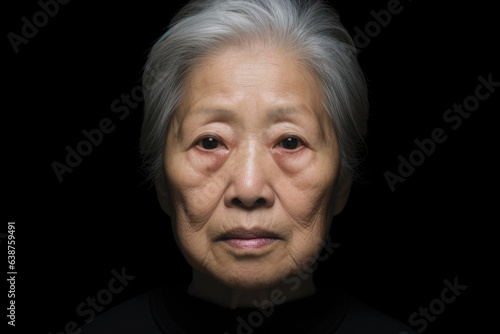 The face of an elderly Chinese woman, black background, mature © Florian