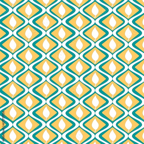 Ethnic fabric pattern in yellow, white, green background.