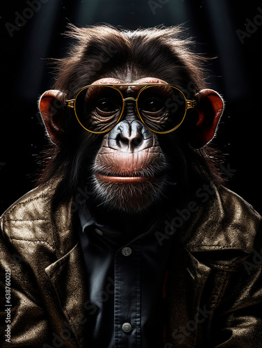 Chimpanzee in a jacket and glasses on a black background © Kateryna