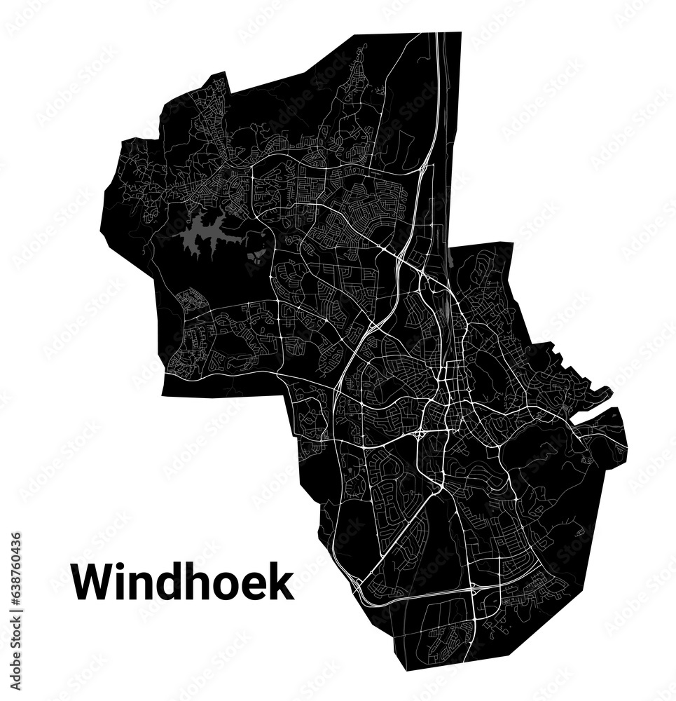 Windhoek city map, capital of Namibia. Municipal administrative black