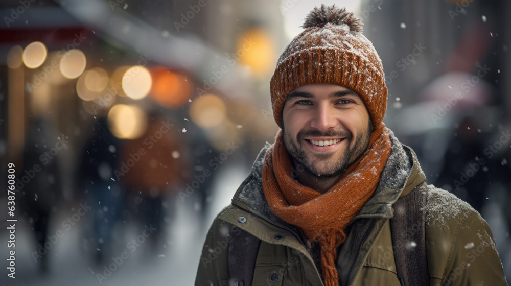 a man smiles in winter with a hat and scarf. - obrazy, fototapety, plakaty 