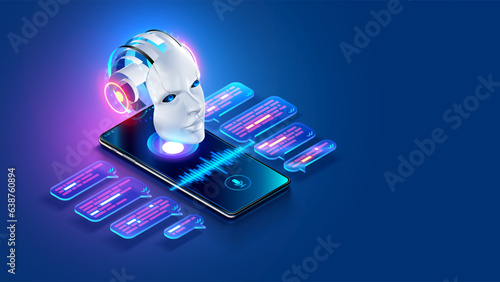 AI chat bot in image robot head hanging over screen phone. Mobile online AI chat bot talk through messenger with user. Abstract face of internet Chatbot with artificial intelligence chatting on phone.