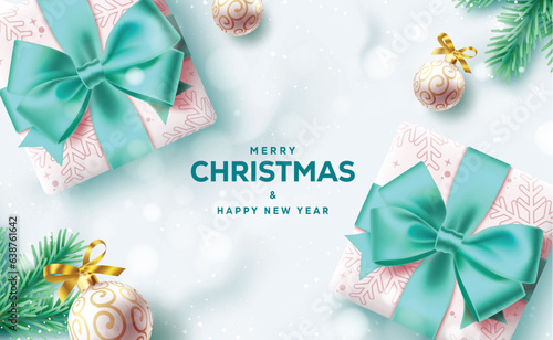 Christmas gifts vector design. Merry christmas and happy new year greeting text with gift boxes and snow flakes pattern decoration. Vector illustration elegant white xmas greeting card.
