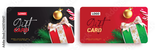 Christmas gift card vector set design. Merry christmas and happy new year greeting for holiday gift cards vouchers collection. Vector illustration shopping voucher certificate.
