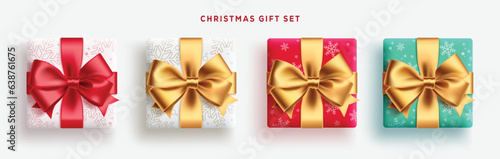 Christmas gift elements vector set design. Christmas gift set with elegant pattern wrapper and red and gold ribbon elements isolated in white. Vector illustration surprise present gift collection.
