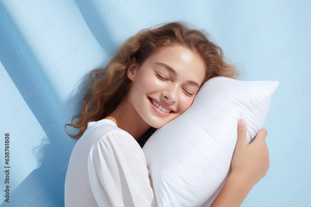 beautiful young woman hugging a pillow, on light blue color background beautiful young woman hugging a pillow, on light blue color background