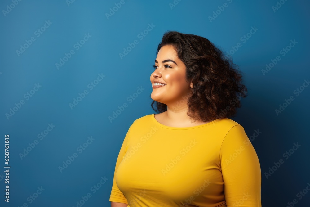 beautiful plus size woman in yellow t-shirt on blue background beautiful plus size woman in yellow t-shirt on blue background