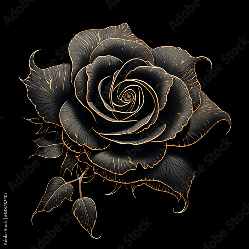 Black Rose, flat lines, black Backround, Clean lines, high Kontrast, detailed drawwing, no faces