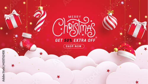 Merry christmas text sale vector banner design. Christmas sale promo discount offer with paper cut clouds and hanging xmas elements in red background. Vector illustration seasonal shopping promo.
