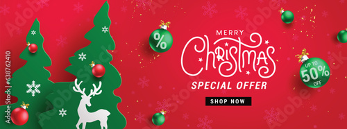 Merry christmas sale vector banner design. Christmas special offer text with paper cut pine tree elements for seasonal promotion advertisement background. Vector illustration promo discount voucher.

