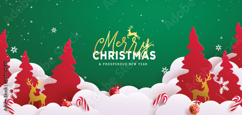 Merry christmas greeting vector design. Christmas greeting text in space with pine tree, fir tree and clouds in paper cut style decoration elements. Vector illustration greeting card template.
