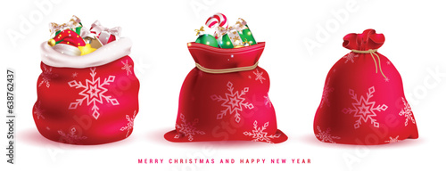 Christmas sacks elements set vector design. Christmas sacks in open, close and full of gifts elements and objects isolated in white  background. Vector illustration xmas gift sacks collection.
