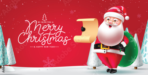 Merry christmas text vector design. Christmas santa claus character reading wish list and holding sack of gift in snow winter background. Vector illustration greeting card design.
