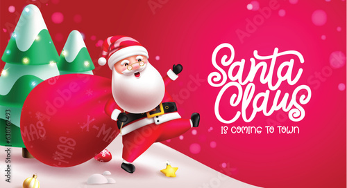 Santa claus christmas character vector design. Christmas santa claus character, mascot and costume holding gift sack in snow winter background. Vector illustration greeting card design.
