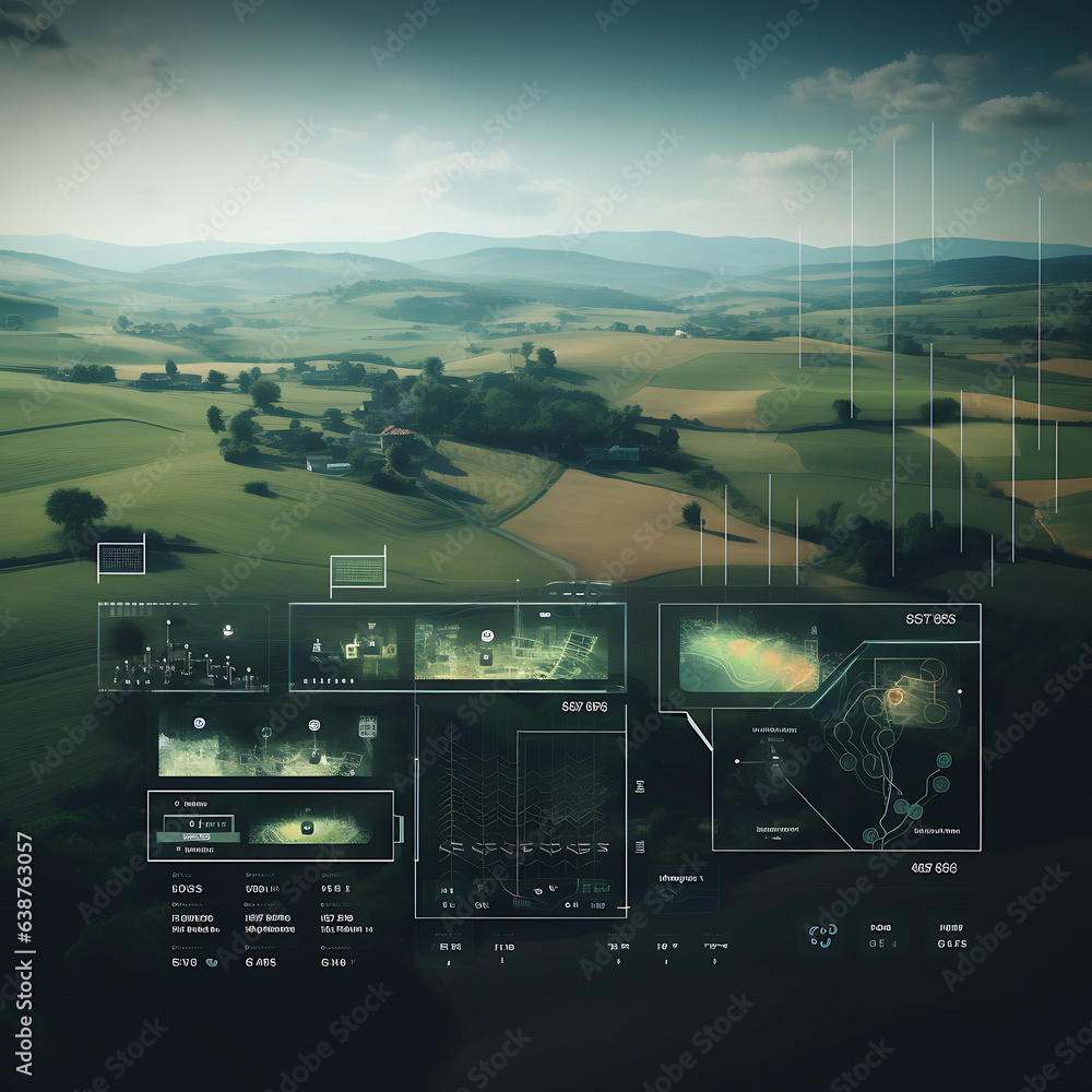 futuristic user interface showing a map of a rural farm, drone footage, arias photography, infrared, predator 1980 - obrazy, fototapety, plakaty 