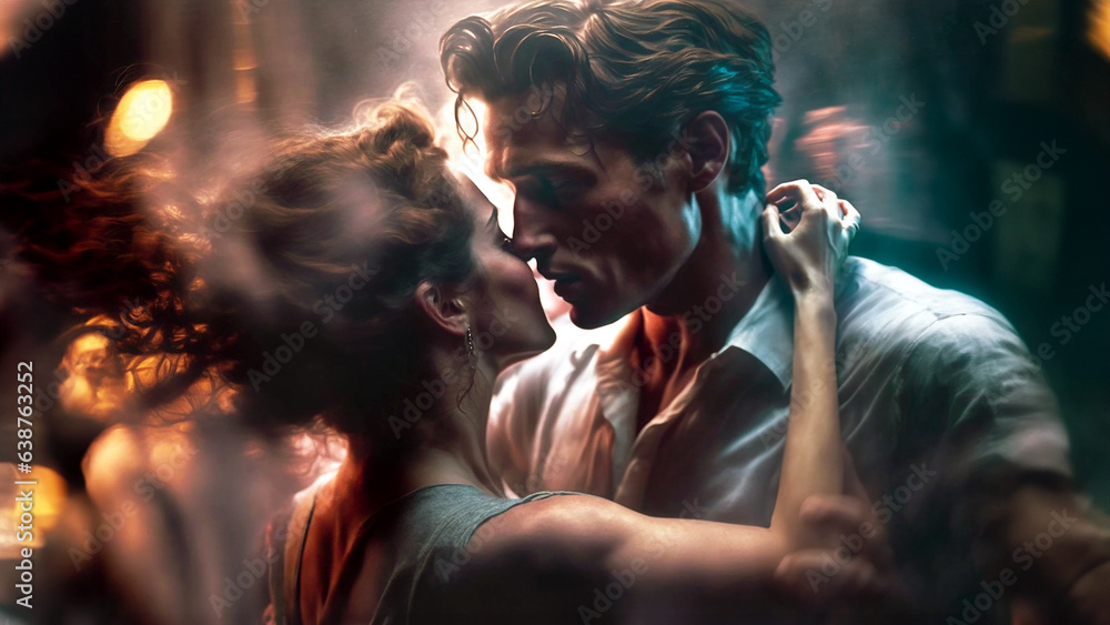 Love is in the air! Cute romantic couple dancing in a place with low ...