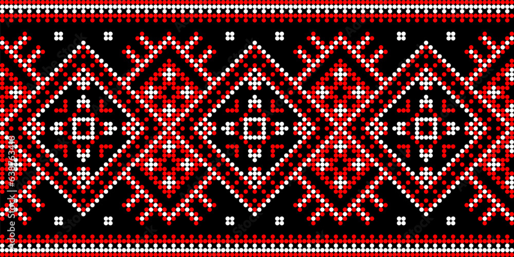Vector illustration of Ukrainian ornament in ethnic geometric style, identity, vyshyvanka, embroidery for print clothes, websites, banners. Background, copy space, frame Vector illustration of Ukrainian ornament in ethnic geometric style, identity, vyshyvanka, embroidery for print clothes, websites, banners. Background, copy space, frame