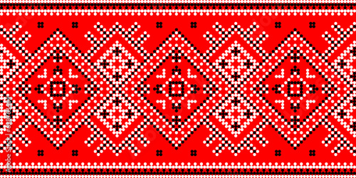 Vector illustration of Ukrainian ornament in ethnic geometric style, identity, vyshyvanka, embroidery for print clothes, websites, banners. Background, copy space, frame