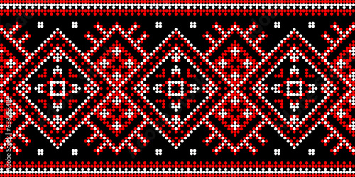 Vector illustration of Ukrainian ornament in ethnic geometric style, identity, vyshyvanka, embroidery for print clothes, websites, banners. Background, copy space, frame