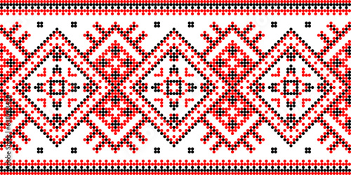 Vector illustration of Ukrainian ornament in ethnic geometric style, identity, vyshyvanka, embroidery for print clothes, websites, banners. Background, copy space, frame