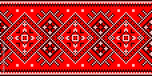 Vector illustration of Ukrainian ornament in ethnic geometric style, identity, vyshyvanka, embroidery for print clothes, websites, banners. Background, copy space, frame