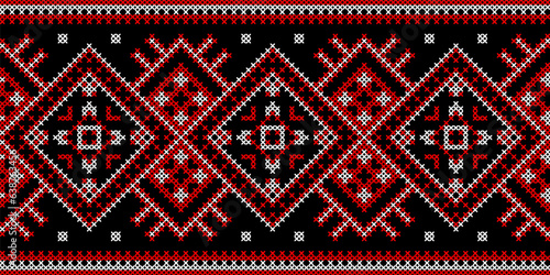 Vector illustration of Ukrainian ornament in ethnic geometric style, identity, vyshyvanka, embroidery for print clothes, websites, banners. Background, copy space, frame