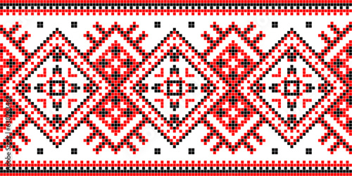 Vector illustration of Ukrainian ornament in ethnic geometric style, identity, vyshyvanka, embroidery for print clothes, websites, banners. Background, copy space, frame