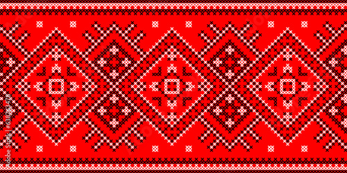 Vector illustration of Ukrainian ornament in ethnic geometric style, identity, vyshyvanka, embroidery for print clothes, websites, banners. Background, copy space, frame