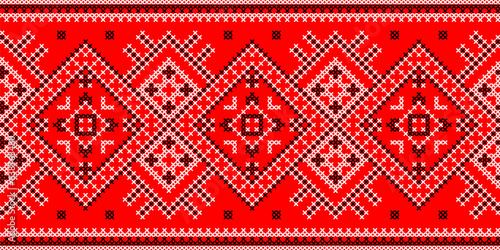 Vector illustration of Ukrainian ornament in ethnic geometric style, identity, vyshyvanka, embroidery for print clothes, websites, banners. Background, copy space, frame
