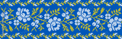 Vector illustration of Ukrainian ornament in ethnic geometric style, identity, vyshyvanka, embroidery for print clothes, websites, banners. Background, copy space, frame