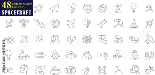 48 ícones de espaçonaves com traços editáveis. Os ícones retratam várias espaçonaves, planetas, satélites, telescópios e outros objetos relacionados ao espaço. relacionados a missões espaciais. photo