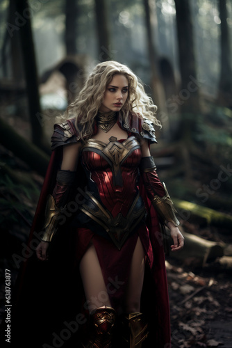 portrait of a female cosplayer that is wearing a superhero like fictitious costume in the woods