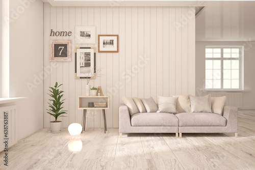 White living room with sofa. Scandinavian interior design. 3D illustration