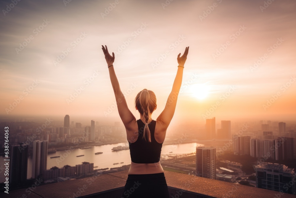 Back view of young woman in sportswear standing with raised hands and looking at sunset over the city Back view of young woman in sportswear standing with raised hands and looking at sunset over the city