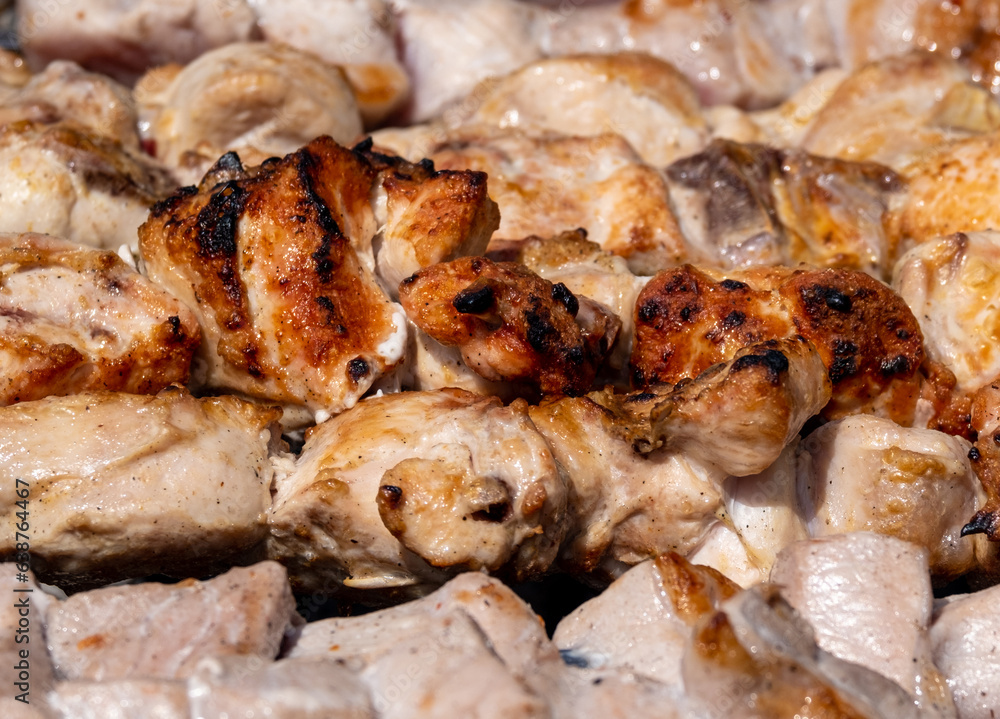 meat on skewers is cooked on coals in the grill. meat on skewers is cooked on coals in the grill.