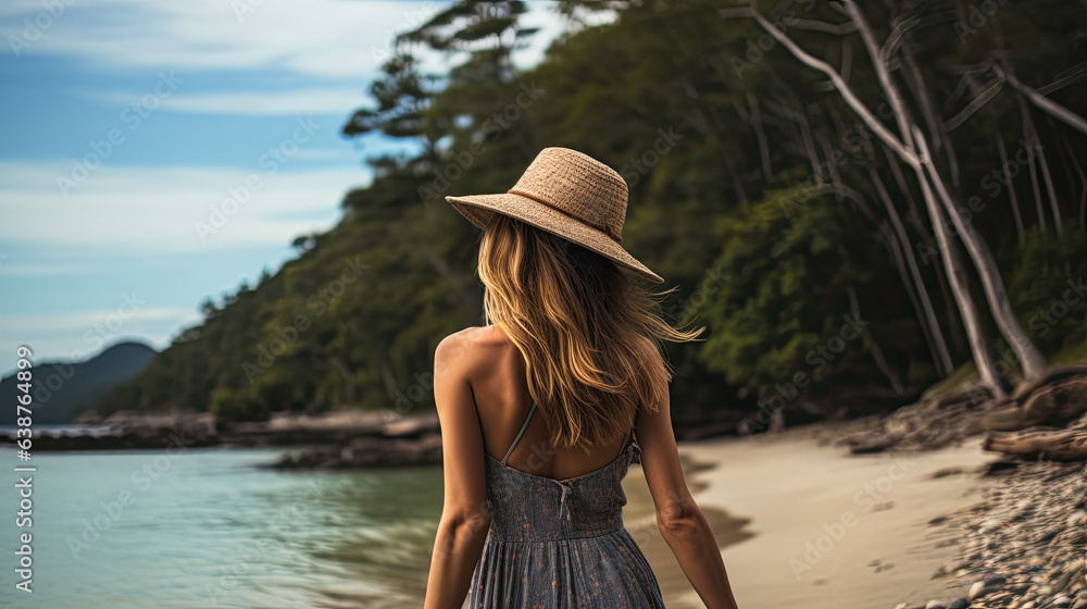 a young pretty woman in a hat is walking on the beach.