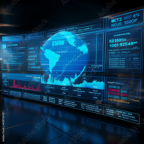 virtual reality light blue screen showing market data, news and messages futuristic realistic 4k