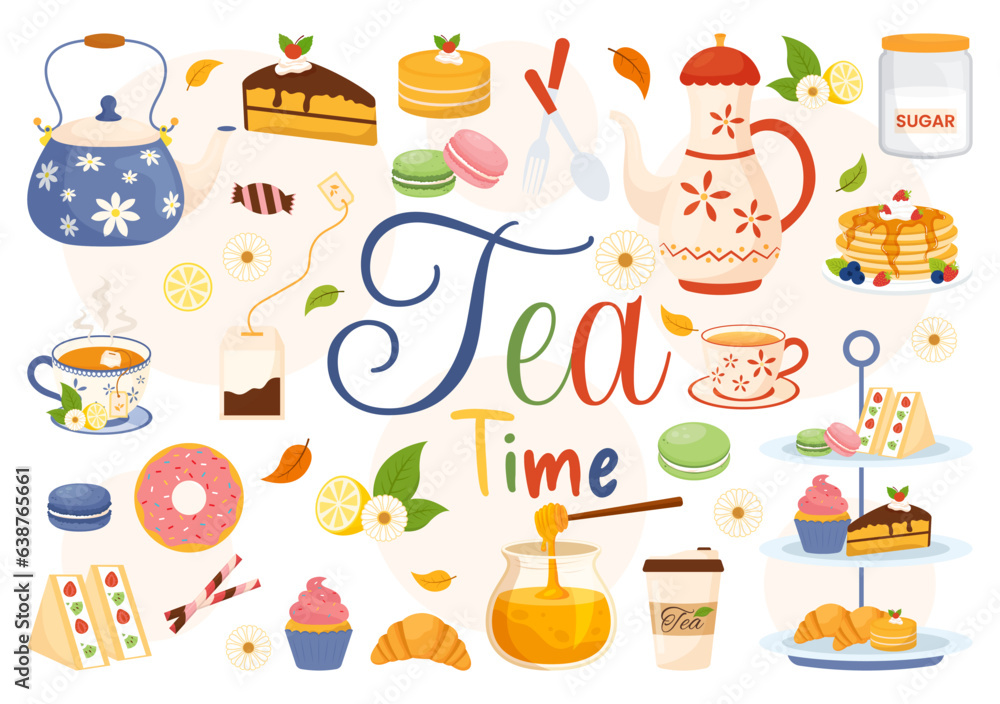 Tea Time Vector Illustration with Mug of Hot Drink, Sweet Desserts and Cookies Usually Done Between Meals in Flat Cartoon Hand Drawn Templates Tea Time Vector Illustration with Mug of Hot Drink, Sweet Desserts and Cookies Usually Done Between Meals in Flat Cartoon Hand Drawn Templates
