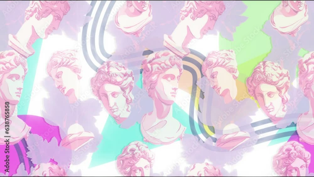 Venus Head statue with risograph style ornament. Seamless moving background. 4k looping animation background. Generated AI Video. Venus Head statue with risograph style ornament. Seamless moving background. 4k looping animation background. Generated AI Video.