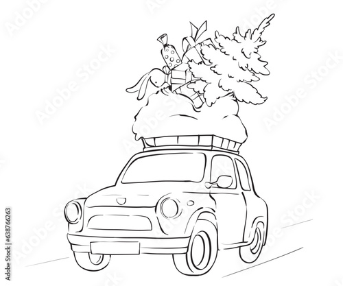 Santa's car with gifts. drawing for coloring book for children and adults on the Christmas theme. Vector illustration.