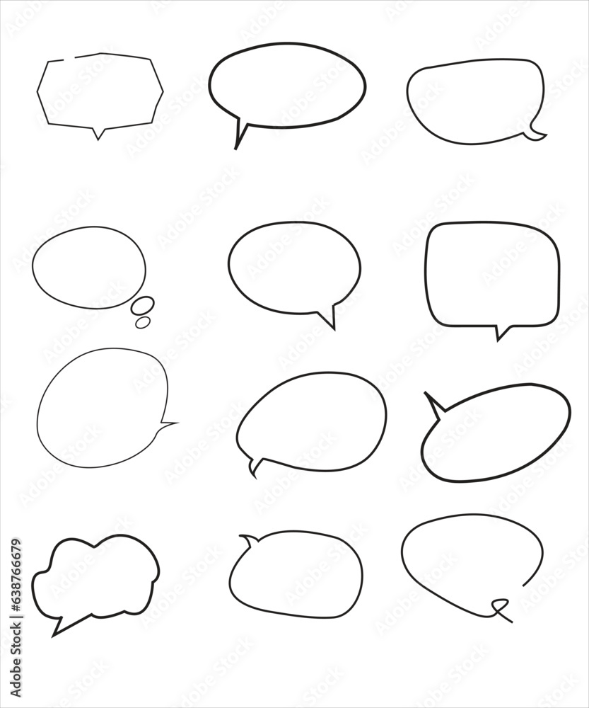 Obraz premium Vector Set of speech bubbles. Dialog box icon, message template. Doodle clouds for text, lettering. Different shape of empty balloons for talk on blue background. Flat vector illustration. 
