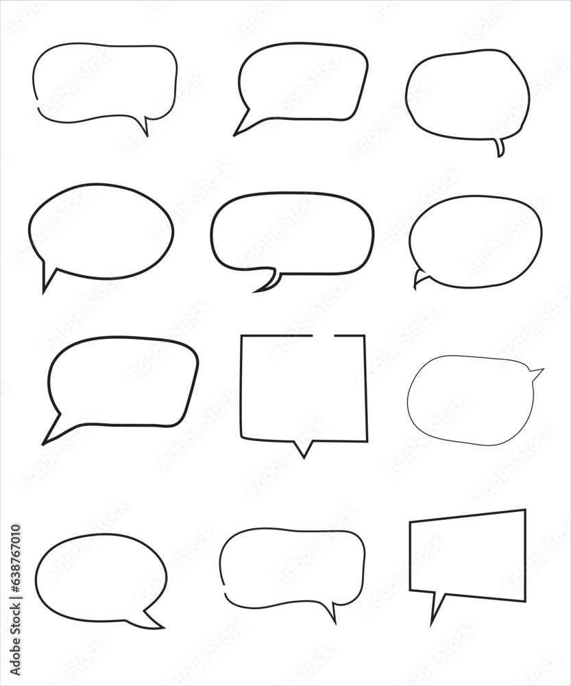 Obraz premium Vector Set of speech bubbles. Dialog box icon, message template. Doodle clouds for text, lettering. Different shape of empty balloons for talk on blue background. Flat vector illustration.